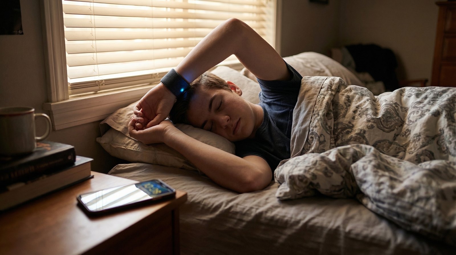 Teen sleeping through a phone alarm while wearing a vibrating wrist alarm
